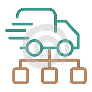 Fast moving truck with organizational chart below. Simple blue-brown vector icon