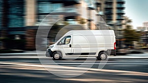 The fast-moving white delivery van cruising through an urban landscape..AI generated image