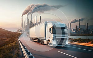 Fast moving white truck on the freeway against a background of factory pipes. A factory with smoky chimneys on the