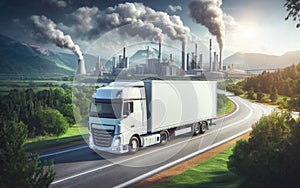 Fast moving white truck on the freeway against a background of factory pipes. A factory with smoky chimneys on the
