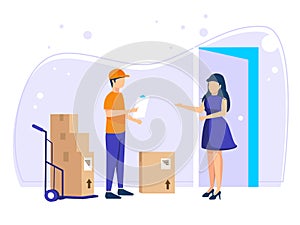 Fast online delivery. Couriers deliver goods or postal packages to the customer`s house. Vector illustration in flat style