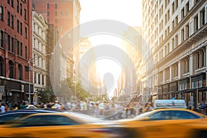 Fast-paced life in New York City street scene with cabs driving down 5th Avenue and crowds of people in New York City