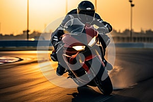 Fast paced race Motorcycle rider on sport bike at sunset