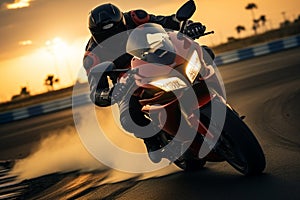 Fast paced race Motorcycle rider on sport bike at sunset