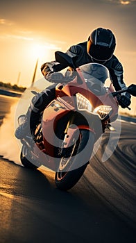 Fast paced race Motorcycle rider on sport bike at sunset