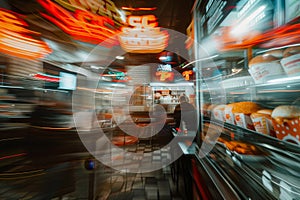 A fast-paced scene inside a store filled with various food items, captured in a blurry effect, An abstract representation of the photo
