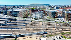 Fast Pendolino train leaving station in Krakow, Poland