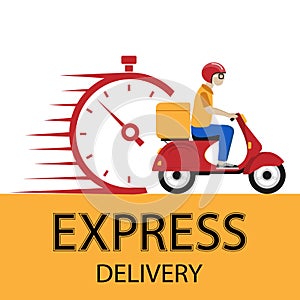 Fast pizza delivery with a man on a scooter. Illustration Overview.Shopping in the online store.