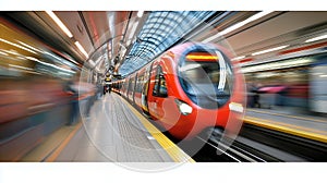 Fast red train london underground station