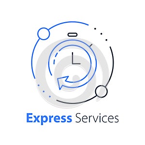 Fast services, stopwatch icon, timely order delivery, waiting period