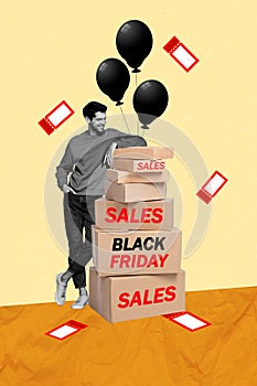 Fast shipment concept of black friday sales collage young guy received pile packages satisfied free coupons isolated on