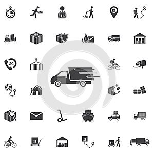 Fast shipping delivery truck flat icon for apps and websites