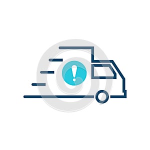 Fast shipping icon, delivery truck icon with exclamation mark. Fast shipping icon and alert, error, alarm, danger symbol