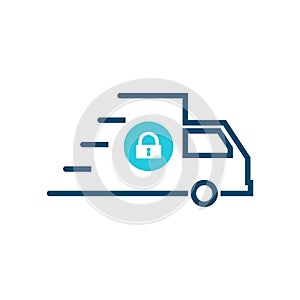 Fast shipping icon, delivery truck icon with padlock sign. Fast shipping icon and security, protection, privacy symbol