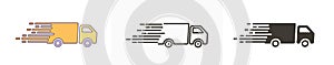 Fast Shipping service Icon with truck driving fast. Vector illustration in 3 styles for express delivery concepts