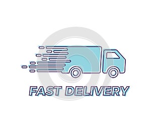 Fast Shipping service Icon with truck driving fast. Vector trendy outline illustration for express delivery concepts