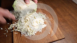 Fast shredding of white cabbage head on wooden cutting board