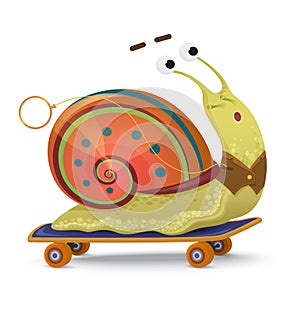 Fast snail. Cute cartoon snail on a skateboard isolated