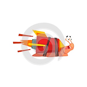 Fast snail, funny cartoon mollusk character with turbo rocket speed booster vector Illustration on a white background