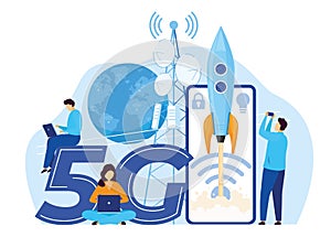 Fast speed 5g internet, character people, male and female use gadget, technological flat tiny vector illustration