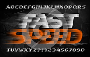 Fast Speed alphabet font. Wind effect type letters and numbers on dark polygonal background.