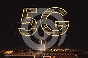 Fast speed internet and communication network concept with digital 5G symbol connected to circuit on abstract dark background. 3D