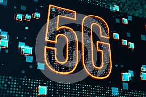 Fast speed internet connection and innovation technologies concept with digital orange 5g symbol on dark background with blue