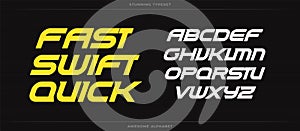 Fast swift quick alphabet. Sport font. Bold speed italic type for energy logo, automotive headline, endurance monogram photo