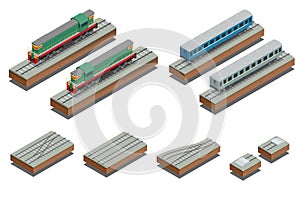 Fast Train coach and diesel electric locomotive. Vector isometric illustration of a Fast Train