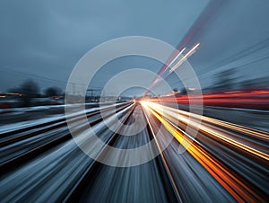 Fast Train at Night Motion Blur Winter Scene