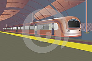 Fast train with wagons at the station in the underground tunnel, passenger electric transport