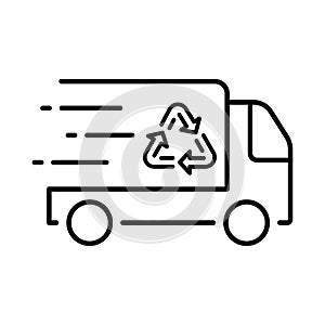 Fast Trash Car for Transportation Ecology Trash Line Icon. Waste Truck with Recycle Symbol. Garbage Truck for Rubbish