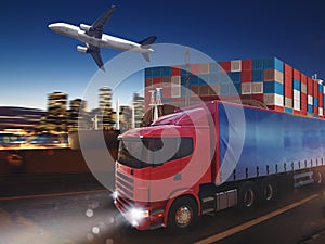 Fast truck on road delivering at night with cargo and airplane in background. 3D Rendering