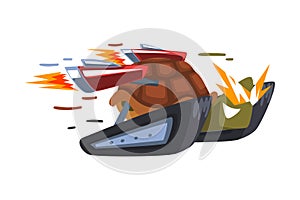 Fast Turtle, Cyborg Animal Cartoon Character with Turbo Speed Booster and Fire Vector Illustration on White Background