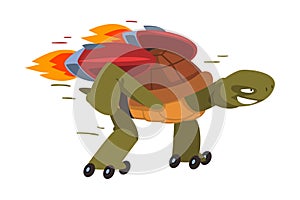 Fast Turtle Rollerblading, Funny Animal Cartoon Character Running with Turbo Speed Booster Vector Illustration on White