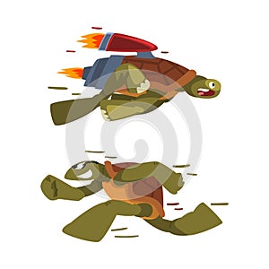 Fast turtles set. Funny tortoise with jet engine cartoon vector illustration