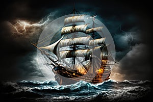 fast voyage ship sailing in a storm against background of dark thunderclouds