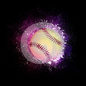 Fastball Ball flying in violet particles. photo