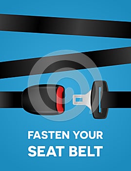 Fasten your seat belt - social typography poster. Safe trip - vector creative banner on blue background.