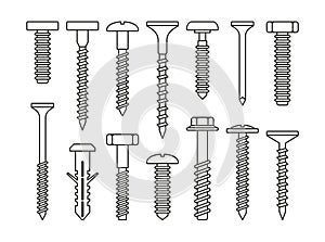 Fasteners, Bolt and Screws Set on White Background. Vector