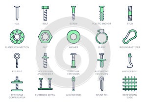 Fasteners line icons. Vector illustration include icon - clamp, plastic dowel, nail, pin, iron nut, fixture, bolt