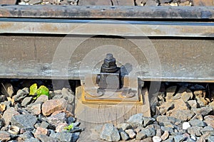 Fastening rails to wooden sleeper close-up