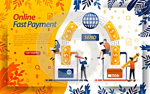 Fastest online payment. transfer money online with cards and smartphones. send money, concept vector ilustration. can use for, lan