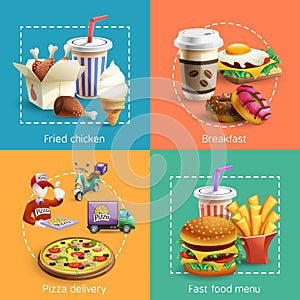 Fastfood 4 Cartoon Icons Square Composition
