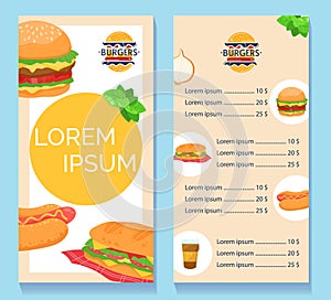 Fastfood burger cafe menu vector illustration, cartoon flat design with hamburger or cheeseburger, hot dog snack, coffee