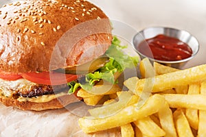 Fastfood with burger and french fries, ketchup