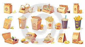 For fastfood cafe meals such as sushi, rolls, pizza, fries, coffee and drinks to take away. Modern illustrations of