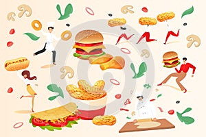 Fastfood cartoon cooking concept, vector illustration. Man woman people character with large frie junk food design