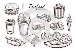 Fastfood dishes with drinks . Vector Hand drawn Isolated vector objects.