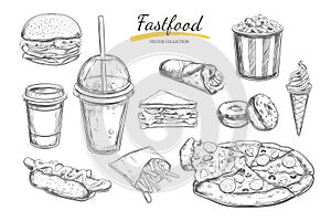 Fastfood dishes with drinks . Vector Hand drawn Isolated vector objects. Hamburger, pizza, hot dog, cheeseburger, coffee and soda